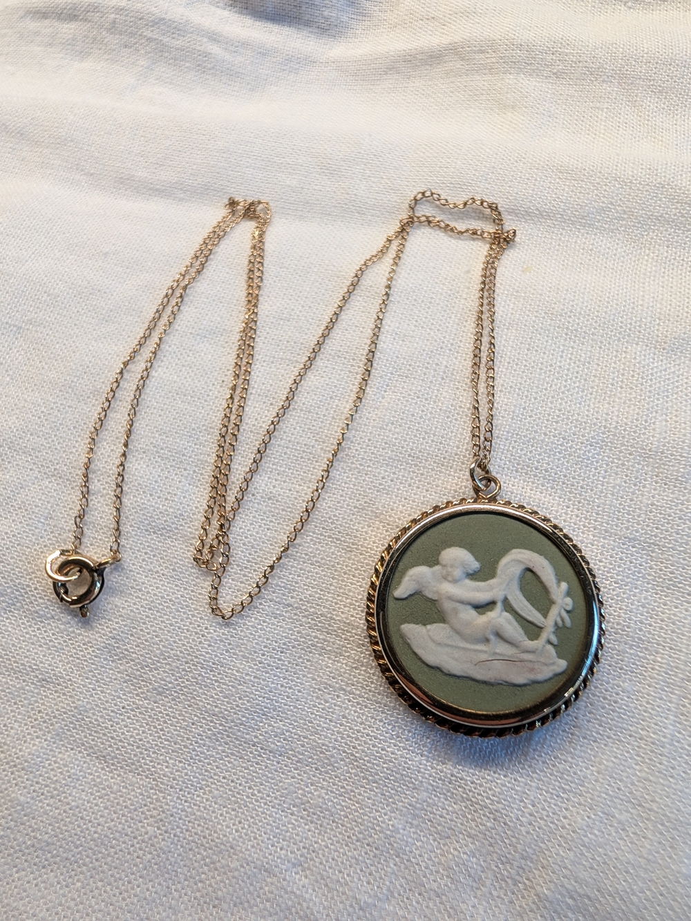 Vintage Wedgwood Sage Green Jasperware Cherub Pendant Necklace Gold Filled 1966